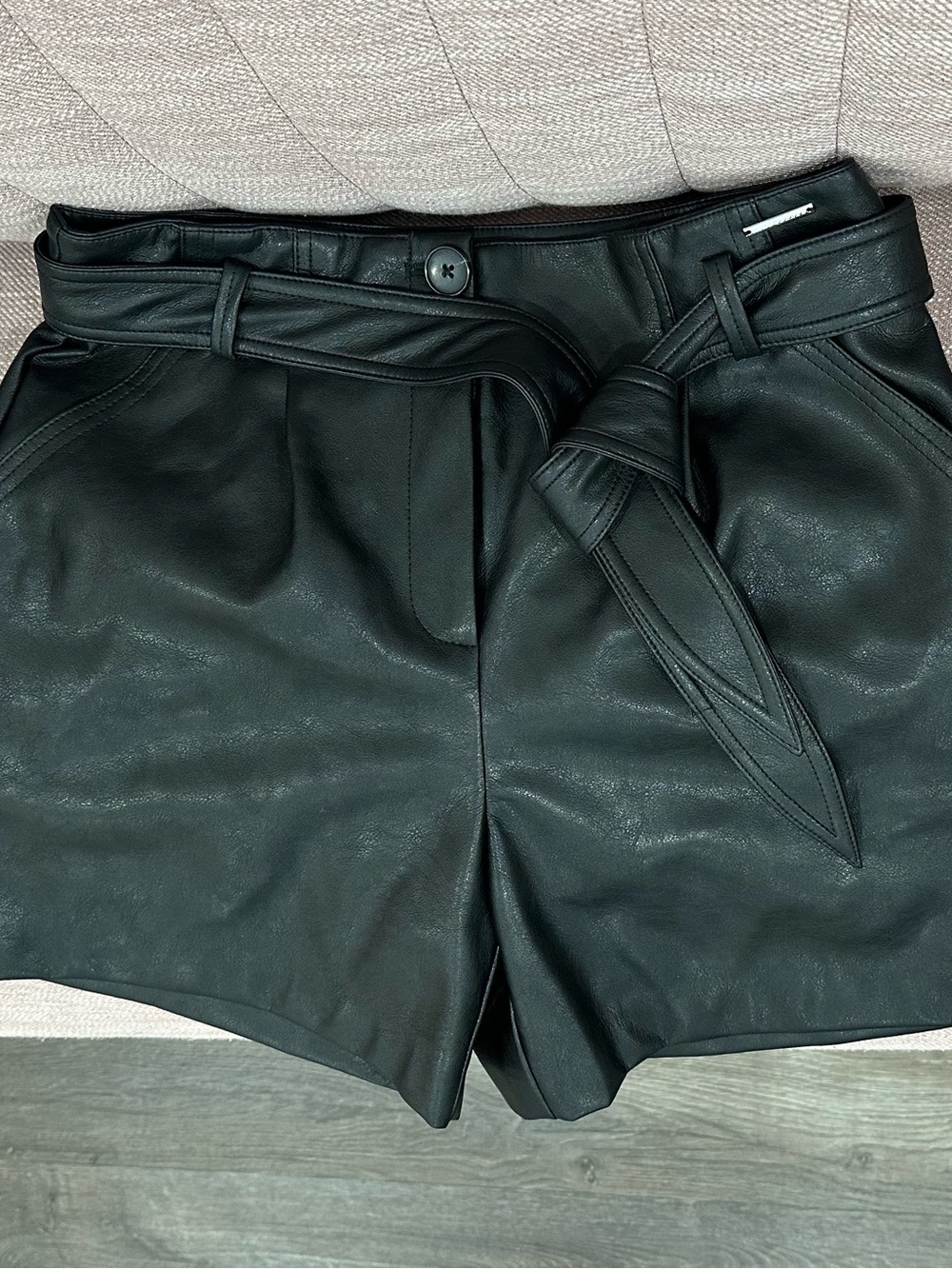 High-Waist Black Faux Leather Paperbag Shorts with Self-Tie Belt